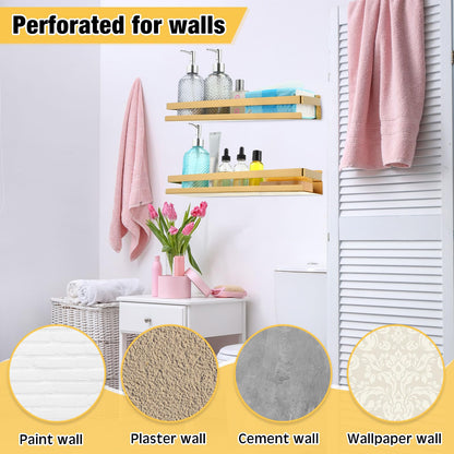 2 Pieces Stainless Steel Shelf Bathroom Shower Floating Shelves Wall Mounted Shower Caddy Basket Shelf Storage Organizer Shelves for Bathroom (15.75 Inch/ 40 cm / Gold)