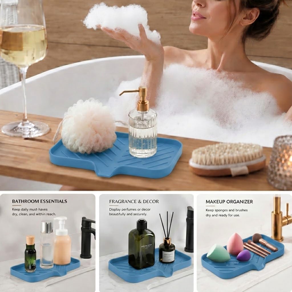 Silicone Soap Dish with Drain Spout (Lichen Blue / M(9.6"×5.3"))
