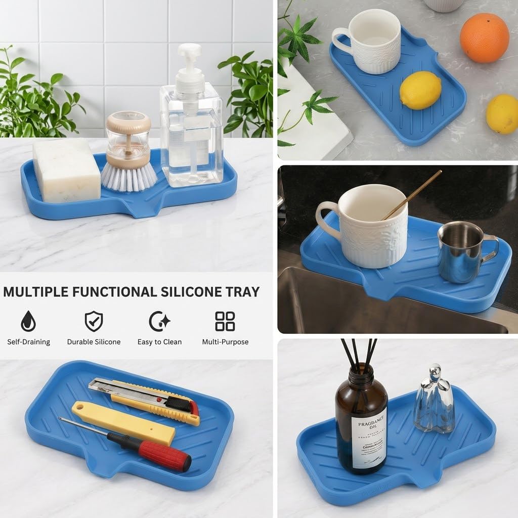 Silicone Soap Dish with Drain Spout (Lichen Blue / M(9.6"×5.3"))