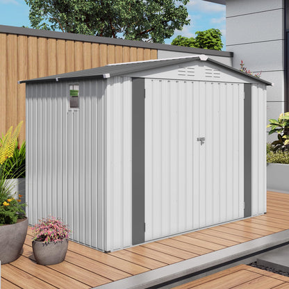 8x6 FT Outdoor Storage Shed with Windows (White+Gray / 8x6 FT)
