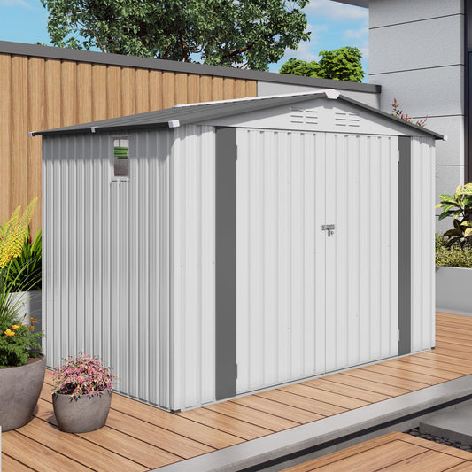 8x6 FT Outdoor Storage Shed with Windows (White+Gray / 8x6 FT)