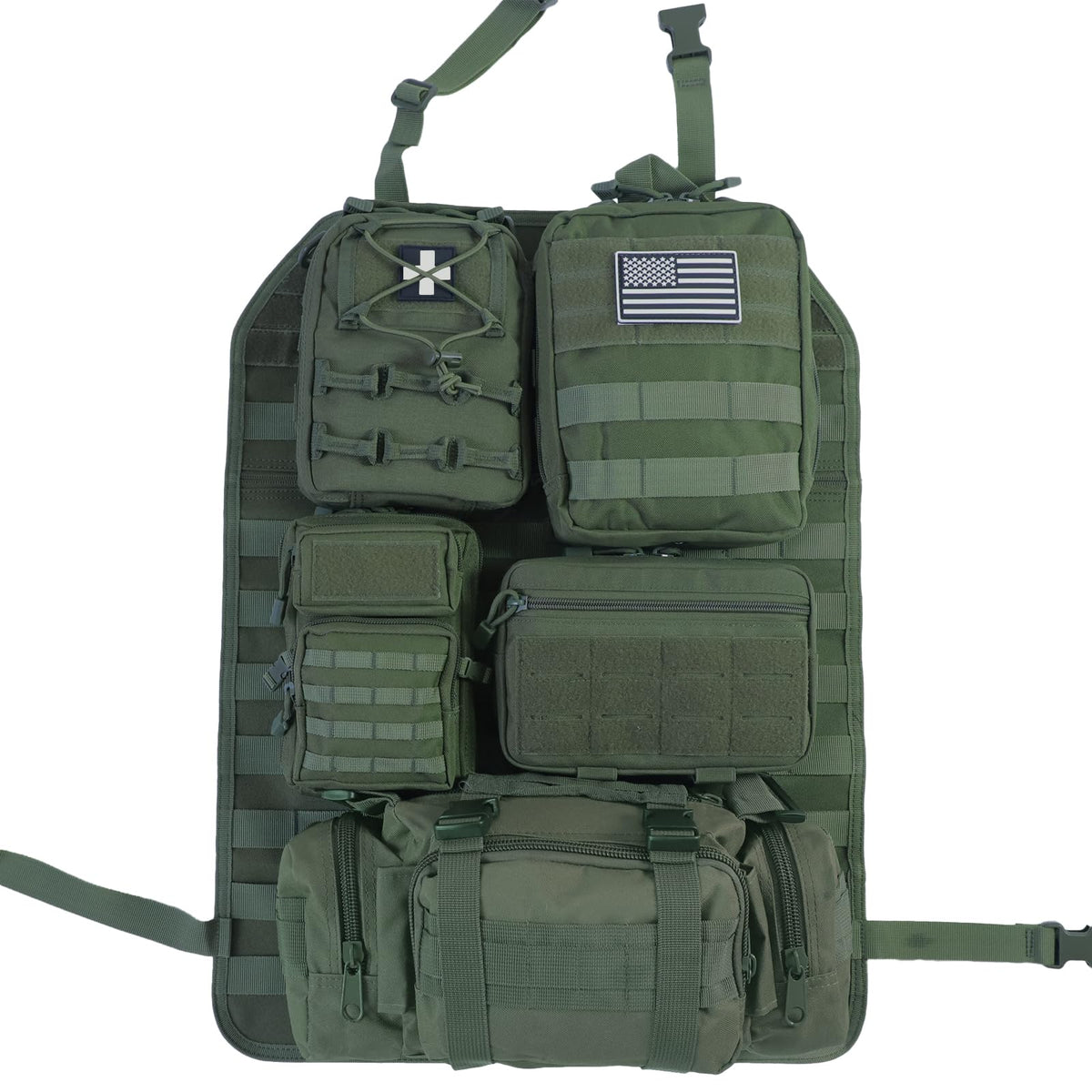 Universal Tactical Seat Back Organizer Vehicle Molle Panel Organizer Storage Bag with 5 Detachable Molle Pouch for All Vehicel Such as Jeep (Upgraded-B-Military Green)