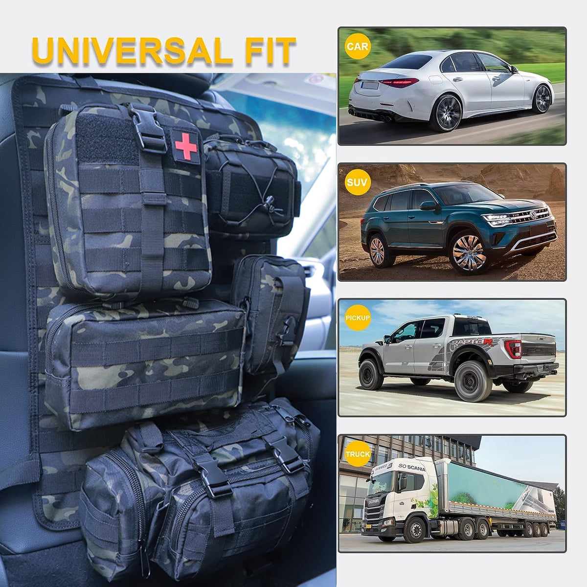Universal Tactical Seat Back Organizer Vehicle Molle Panel Organizer Storage Bag with 5 Detachable Molle Pouch for All Vehicel Such as Jeep (B model-Black Camo)