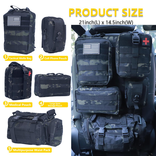 Universal Tactical Seat Back Organizer Vehicle Molle Panel Organizer Storage Bag with 5 Detachable Molle Pouch for All Vehicel Such as Jeep (A model-Black Camo)