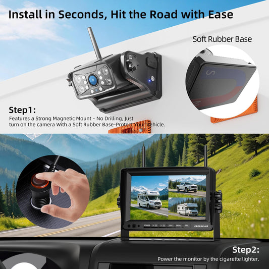 3 Camera 7" 1080P Magnetic Solar Wireless Backup Camera System (Matte Black)