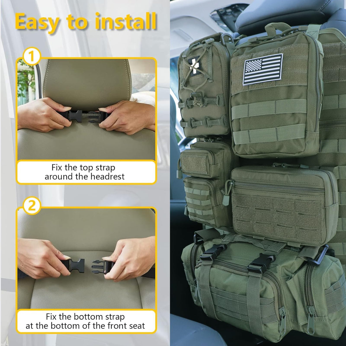 Universal Tactical Seat Back Organizer Vehicle Molle Panel Organizer Storage Bag with 5 Detachable Molle Pouch for All Vehicel Such as Jeep (Upgraded-B-Military Green)