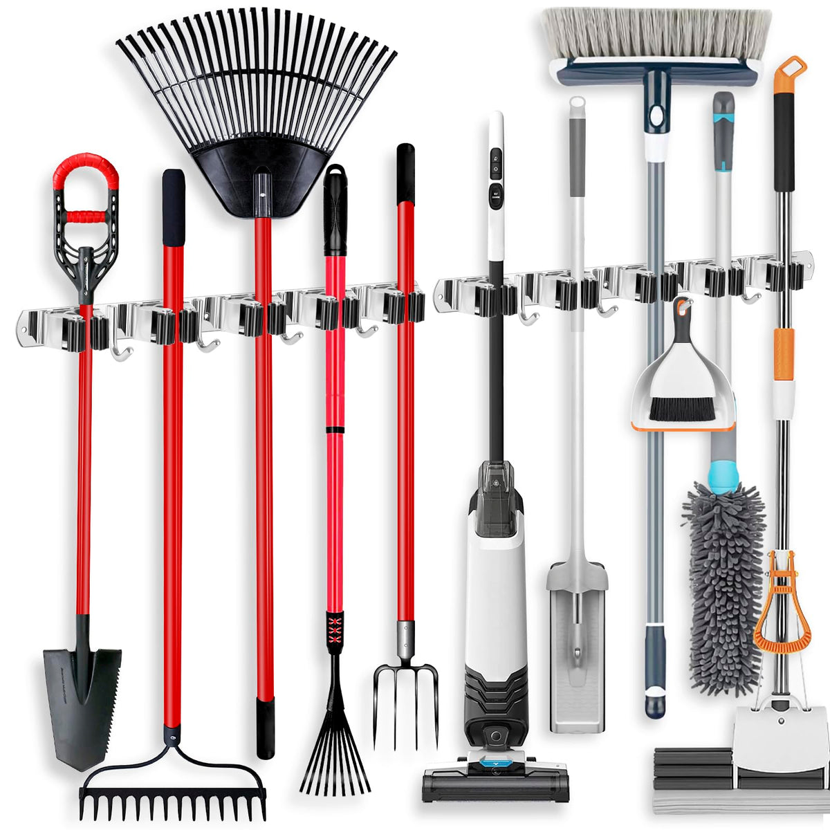 2 Pack Broom Holder Wall Mount Stainless Steel Mop Organizer (5 Racks with 4 Hooks / 2 Pack)