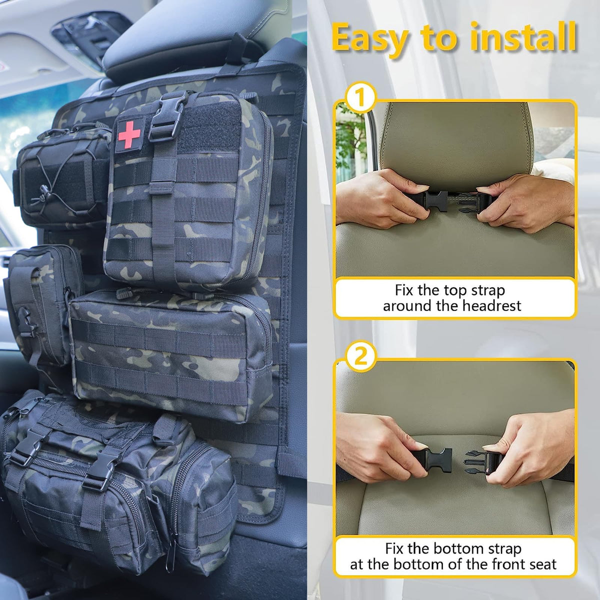 Universal Tactical Seat Back Organizer Vehicle Molle Panel Organizer Storage Bag with 5 Detachable Molle Pouch for All Vehicel Such as Jeep (B model-Black Camo)