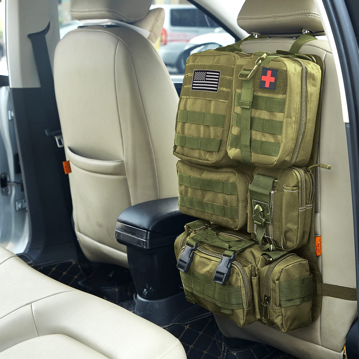 Universal Tactical Seat Back Organizer Vehicle Molle Panel Organizer Storage Bag with 5 Detachable Molle Pouch for All Vehicel Such as Jeep (A model-Military Green)