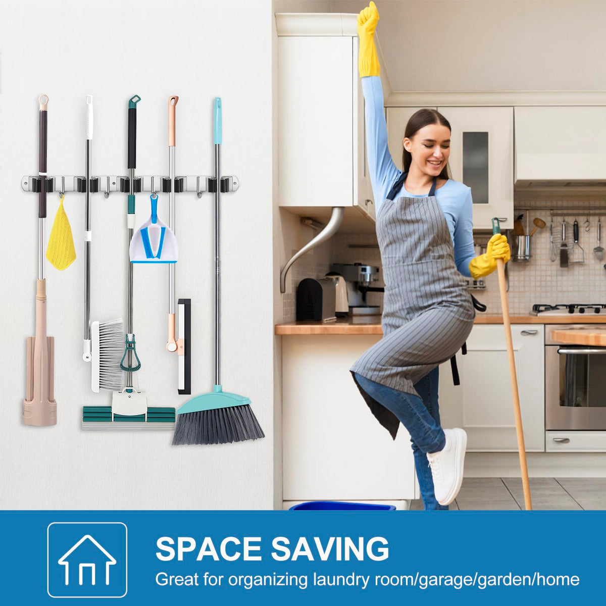 2 Pack Broom Holder Wall Mount Stainless Steel Mop Organizer (5 Racks with 4 Hooks / 2 Pack)