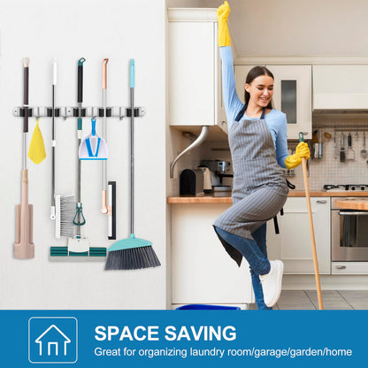 2 Pack Broom Holder Wall Mount Stainless Steel Mop Organizer (5 Racks with 4 Hooks / 2 Pack)
