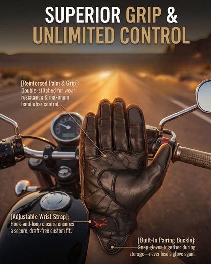 Men's Goatskin Leather Touchscreen Motorcycle Gloves Black (Non-Perforated / Medium)