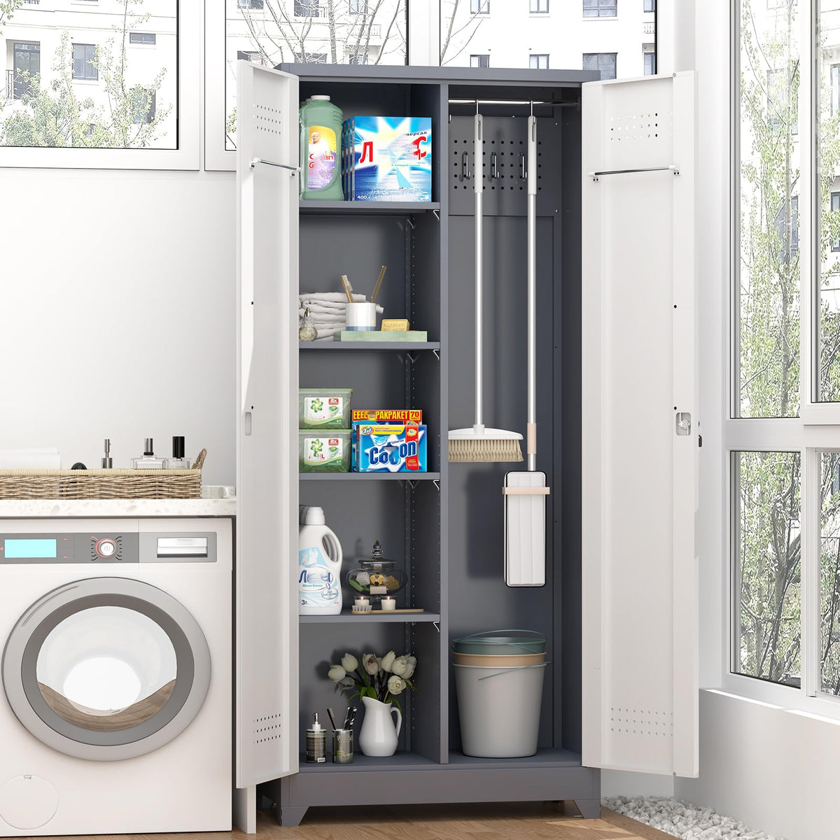 72'' Metal Utility Storage Cabinet with Pegboard & Tool Hanging Bars