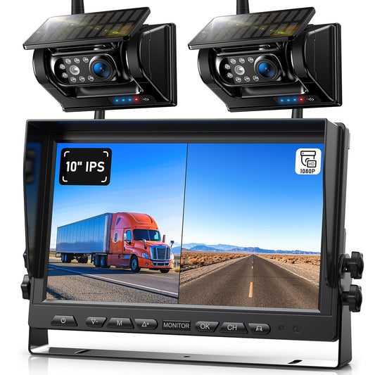 2 CAM 10" DVR Monitor Magnetic Solar Wireless Backup Camera (Glossy Black)
