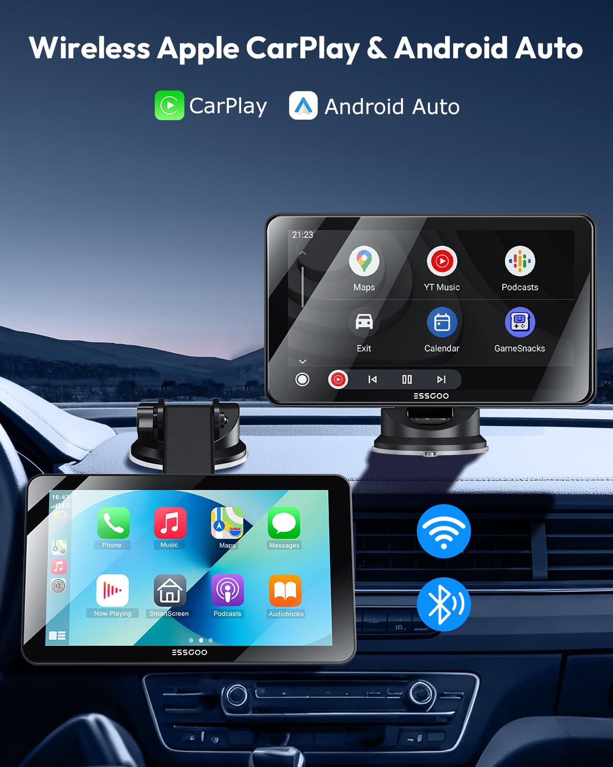 7" Wireless CarPlay & Android Auto Screen for Car with Rear Cam (7inch)