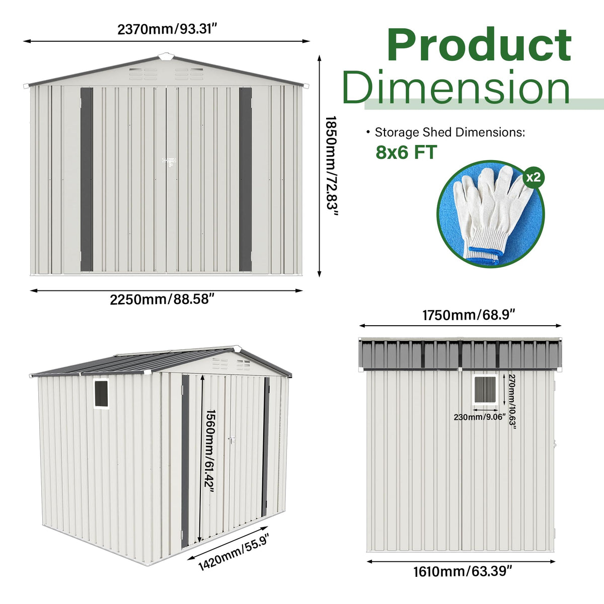 8x6 FT Outdoor Storage Shed with Windows (White+Gray / 8x6 FT)