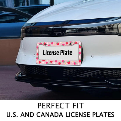 Strawberry License Plate Frame Flower Fruit Cute License Plate Frame Holder Covers with Screw Caps Kawaii Girly Metal Aluminum Rustproof Car Accessories for Women 12x6 Inch
