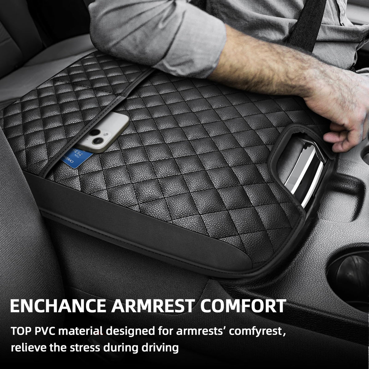 Center Console Cover for 2013 (Fit for 2013-2018 Dodge Ram Jump Seat / Black Leather（with 2 Front Pockets）)