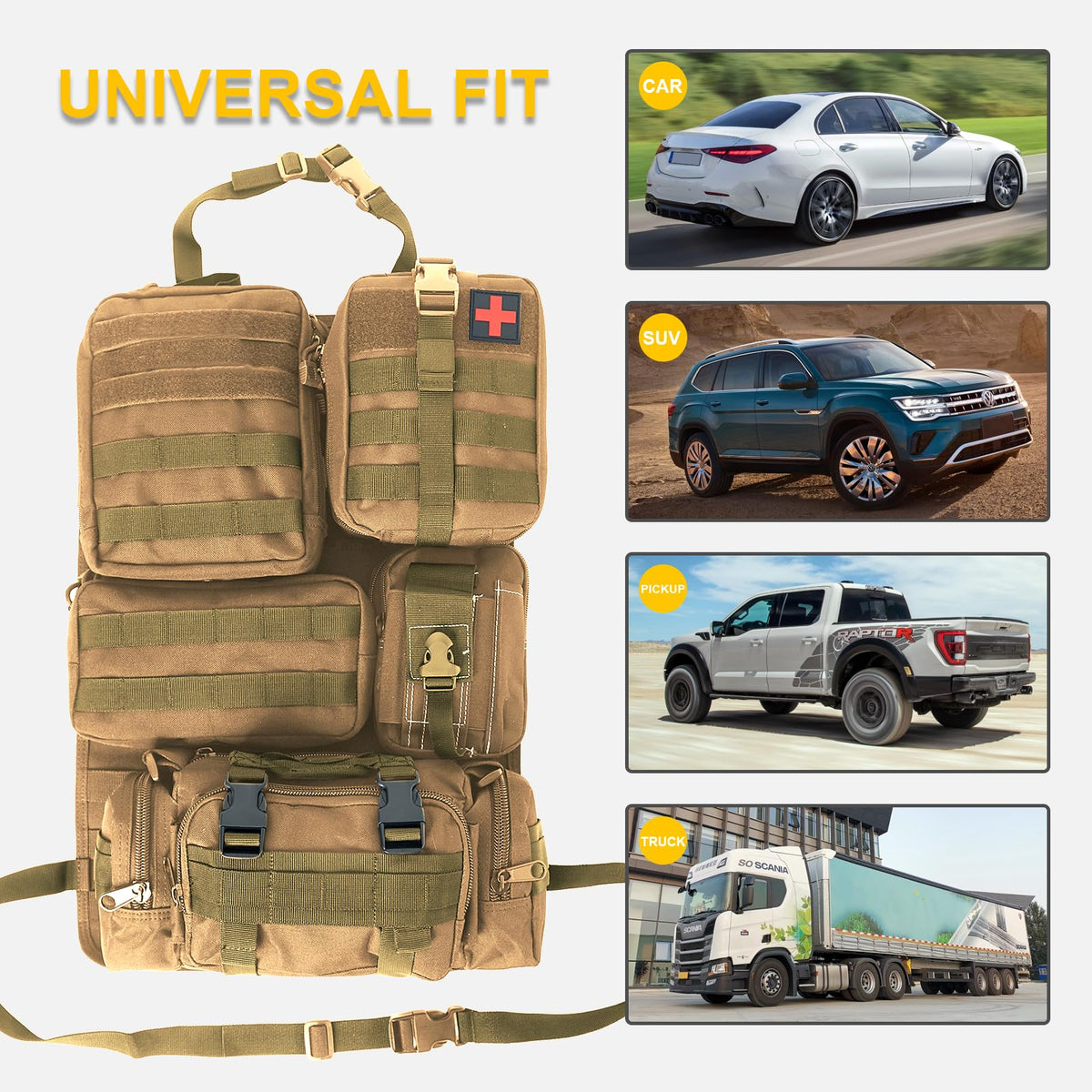 Universal Tactical Seat Back Organizer Vehicle Molle Panel Organizer Storage Bag with 5 Detachable Molle Pouch for All Vehicel Such as Jeep (A model-Khaki)