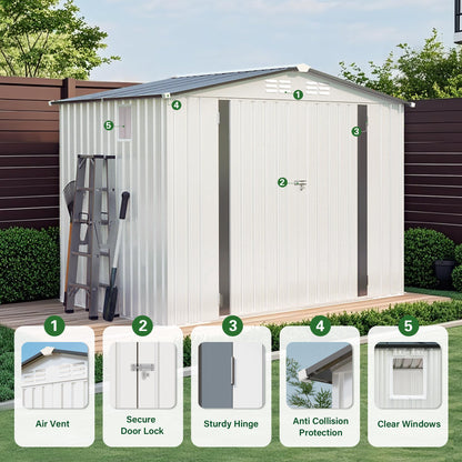 8x6 FT Outdoor Storage Shed with Windows (White+Gray / 8x6 FT)