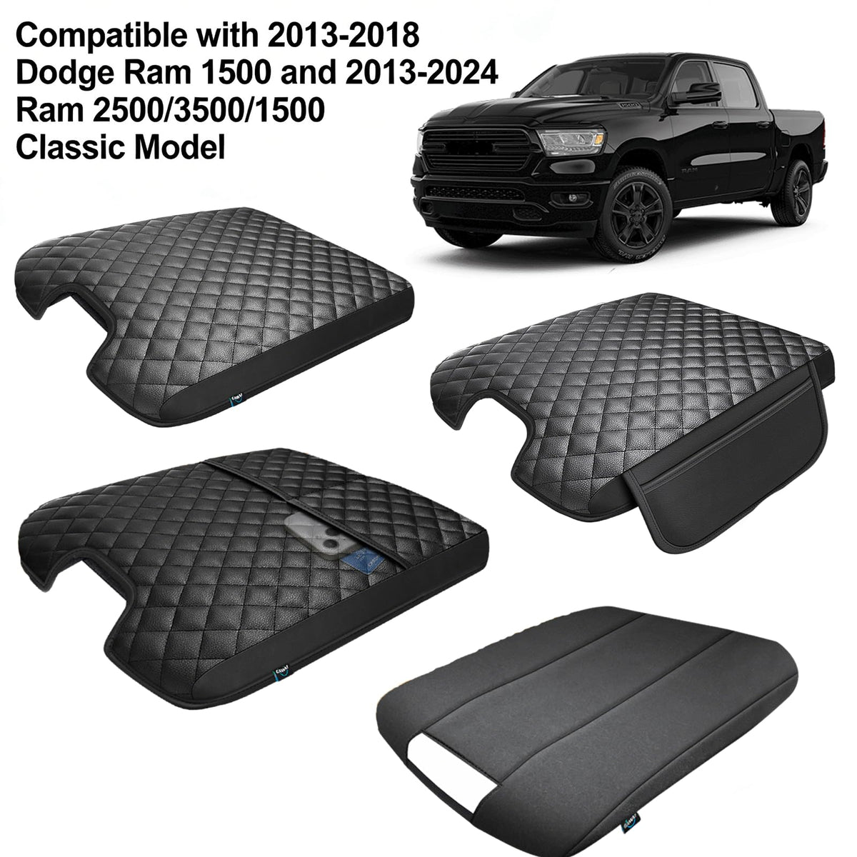 Center Console Cover for 2013 (Fit for 2013-2018 Dodge Ram Jump Seat / Black Leather（with 2 Front Pockets）)