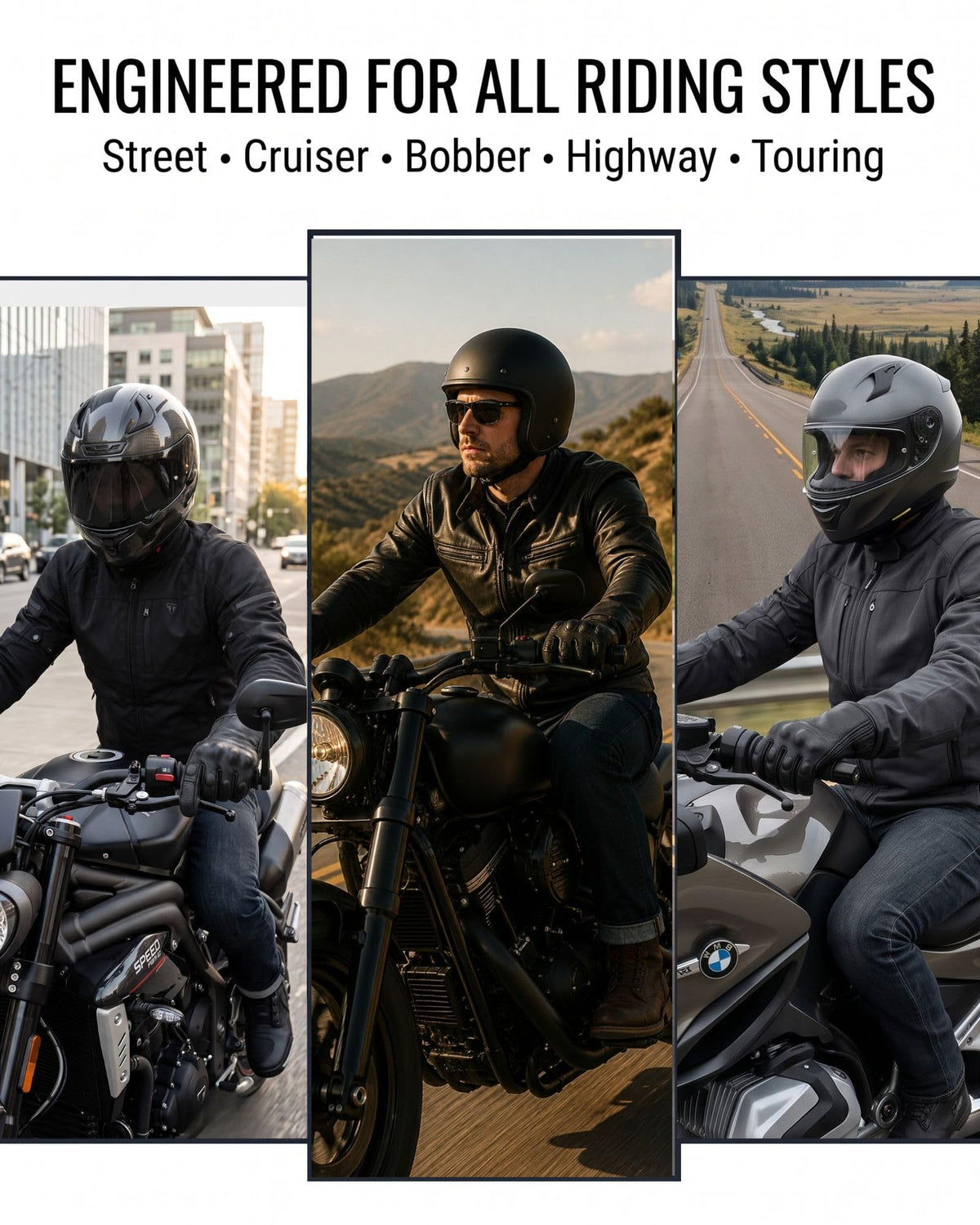 Men's Goatskin Leather Touchscreen Motorcycle Gloves Black (Non-Perforated / Medium)