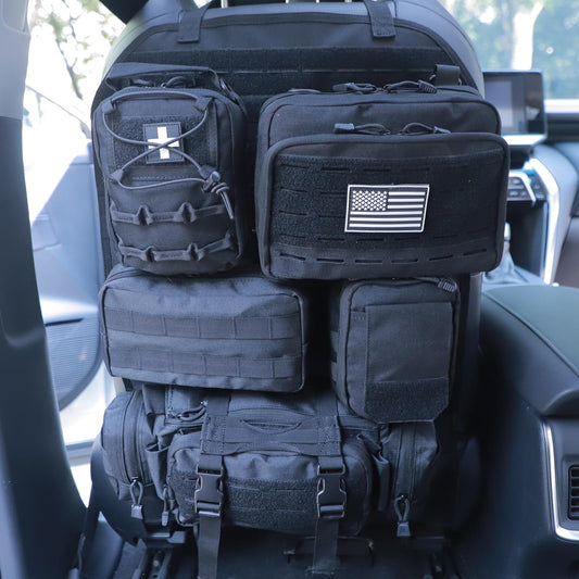 Universal Tactical Seat Back Organizer Vehicle Molle Panel Organizer Storage Bag with 5 Detachable Molle Pouch for All Vehicel Such as Jeep (Upgraded-C-Black)