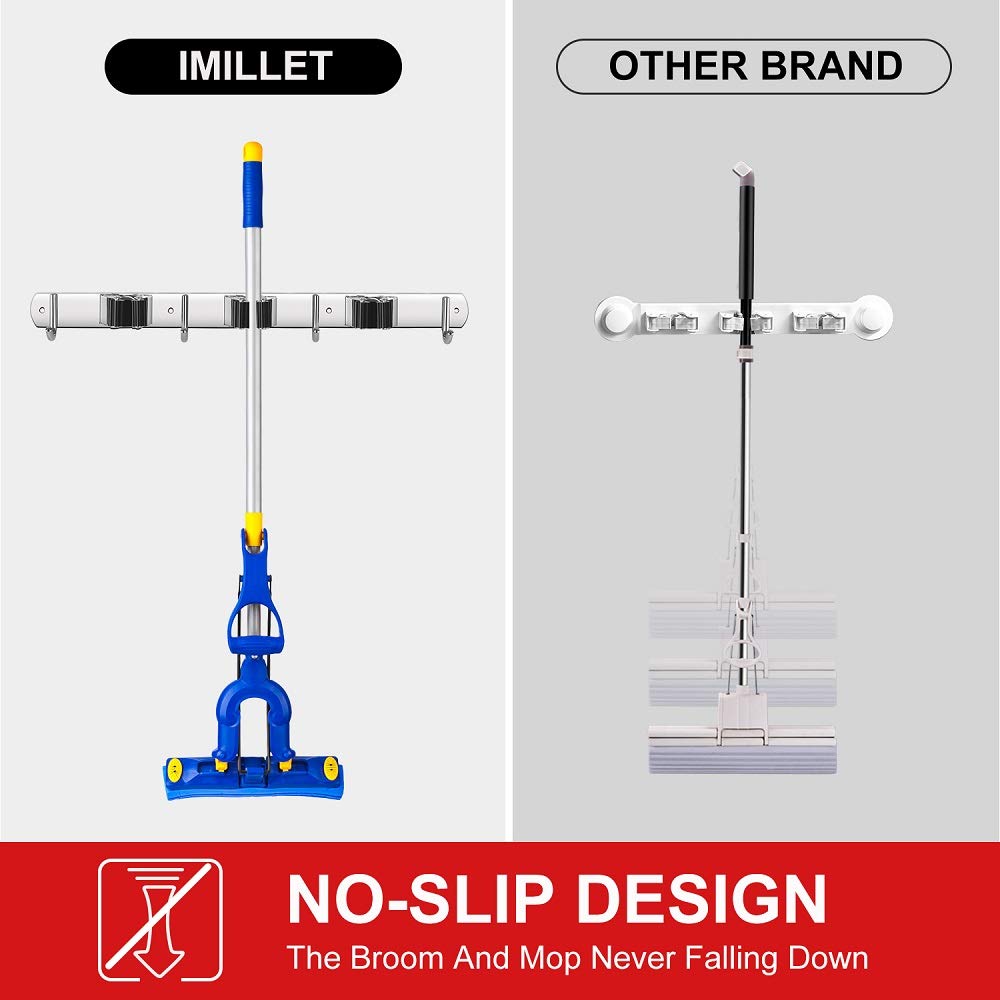2 Pack Broom Holder Wall Mount Stainless Steel Mop Organizer (3 Racks with 4 Hooks / 2 Pack)