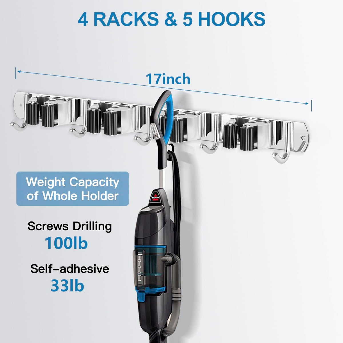 Broom Holder Wall Mount Stainless Steel Mop Organizer (4 Racks with 5 Hooks / 1 Pack)