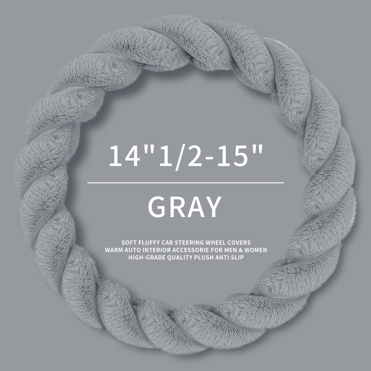 Fluffy Plush Car Steering Wheel Cover Gray 15 Inch Winter (Gray / Standard Size [14.75-15.15"] (37.5-38.5cm))