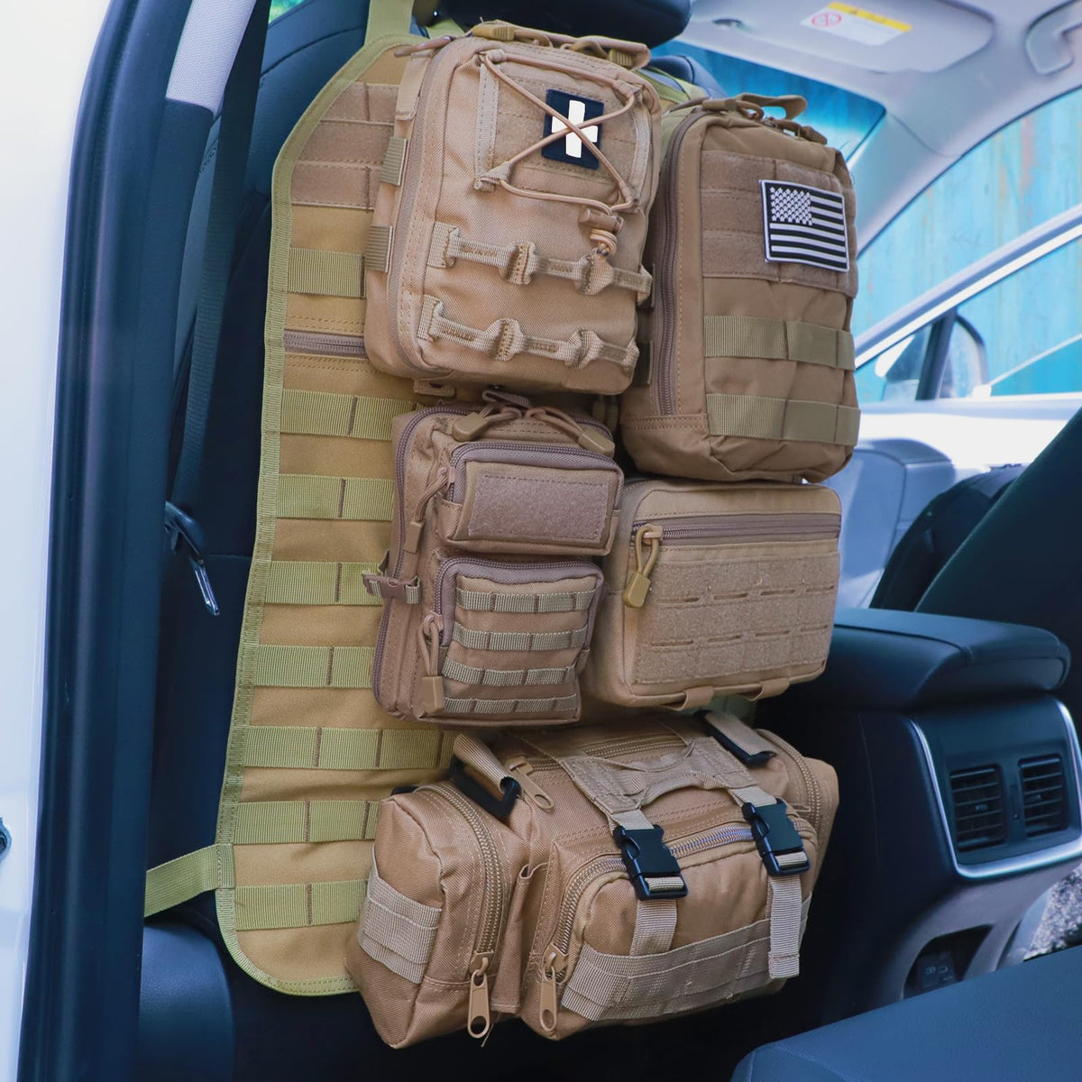 Universal Tactical Seat Back Organizer Vehicle Molle Panel Organizer Storage Bag with 5 Detachable Molle Pouch for All Vehicel Such as Jeep (Upgraded-B-Khaki)