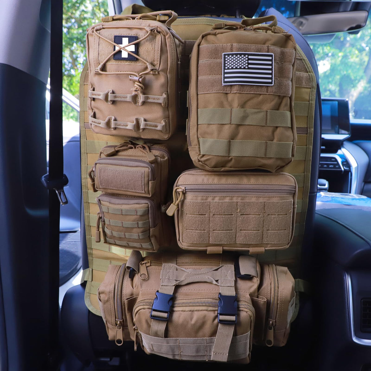 Universal Tactical Seat Back Organizer Vehicle Molle Panel Organizer Storage Bag with 5 Detachable Molle Pouch for All Vehicel Such as Jeep (Upgraded-B-Khaki)