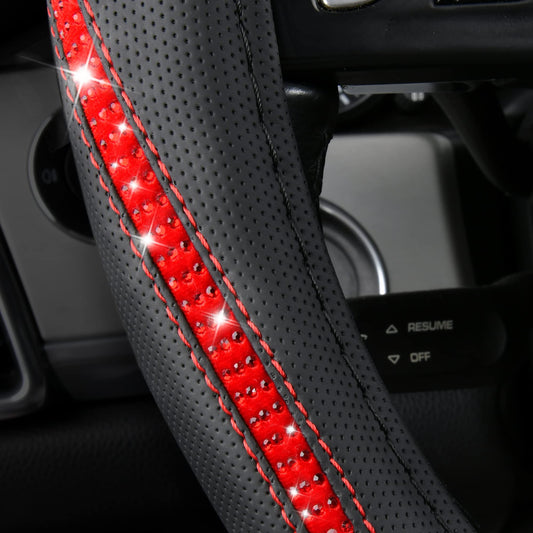 Bling Diamond Black Leather Steering Wheel Cover (Red Diamond Cover)