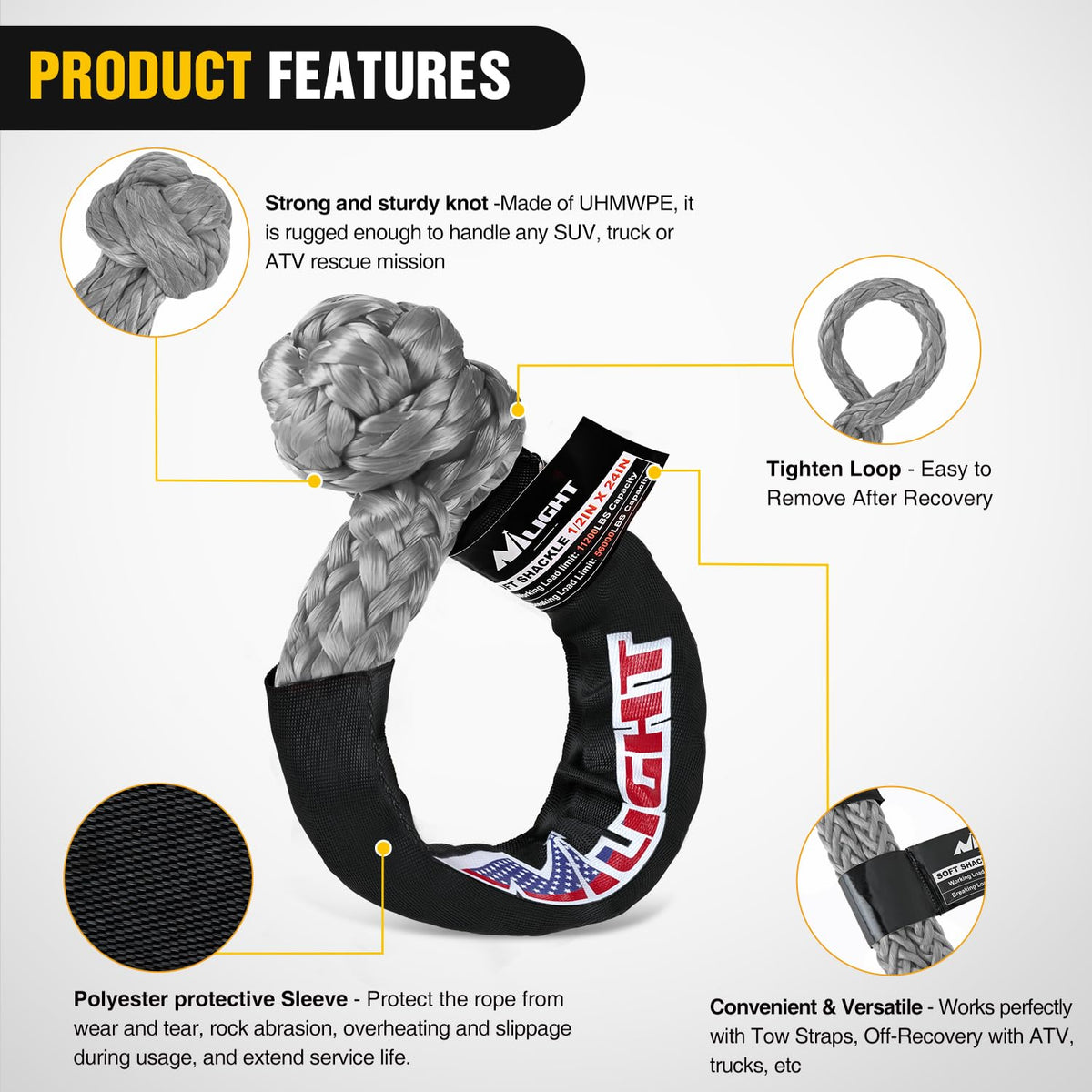 2PCS Synthetic Soft Shackles 1 (2Pcs 1/2in x 24in Soft Shackles Grey)