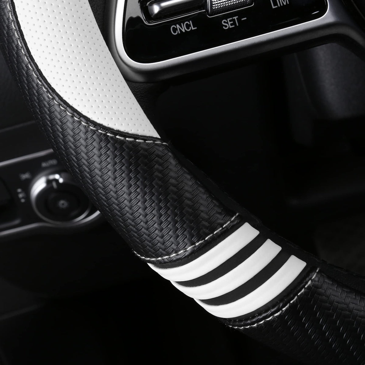 Carbon Cute Car Steering Wheel Cover White 15 Inch All Season (White+Black / Standard Size[14.75-15.15"](37.5-38.5cm))