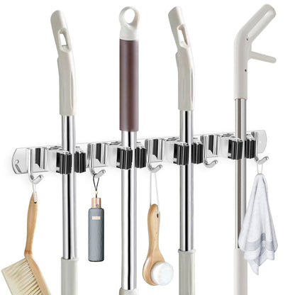 Broom Holder Wall Mount Stainless Steel Mop Organizer (4 Racks with 5 Hooks / 1 Pack)