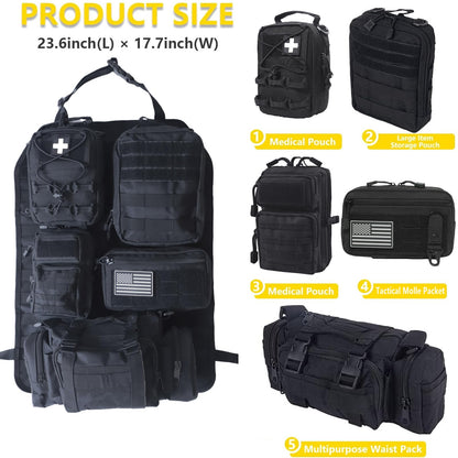 Universal Tactical Seat Back Organizer Vehicle Molle Panel Organizer Storage Bag with 5 Detachable Molle Pouch for All Vehicel Such as Jeep (Upgraded-B-Black)
