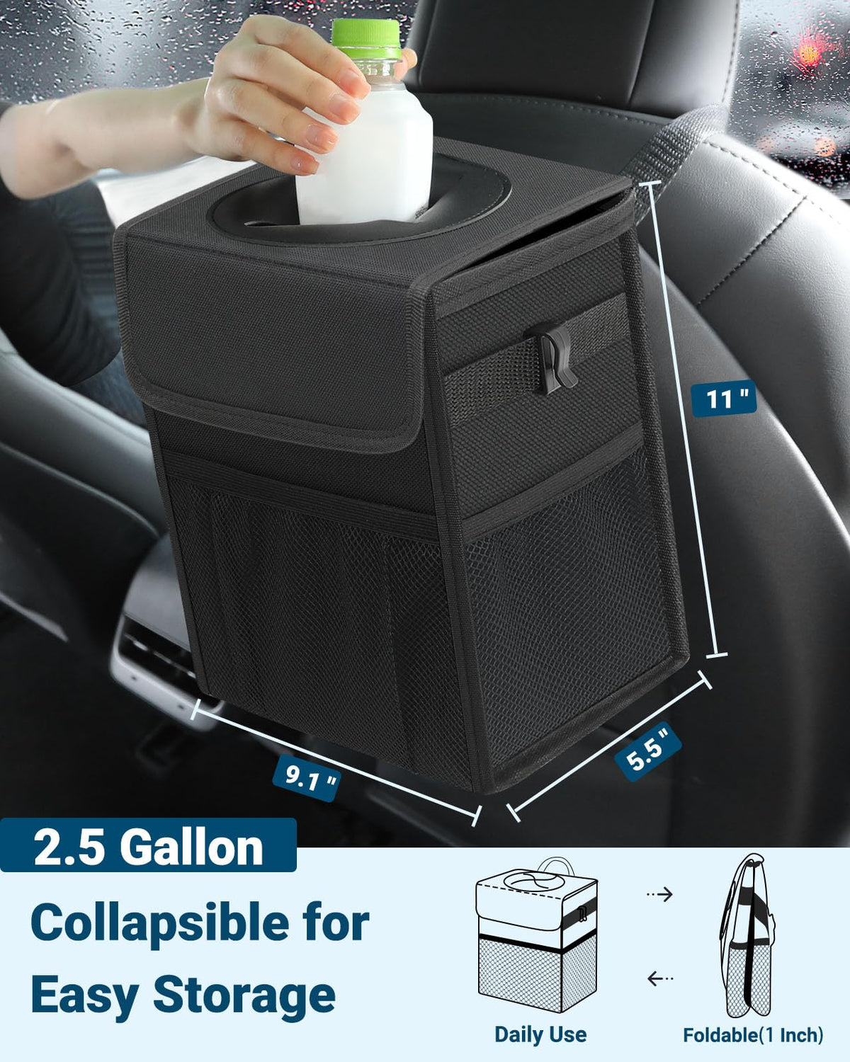 Car Trash Can with Lid (Black / 2.5 Gallons)