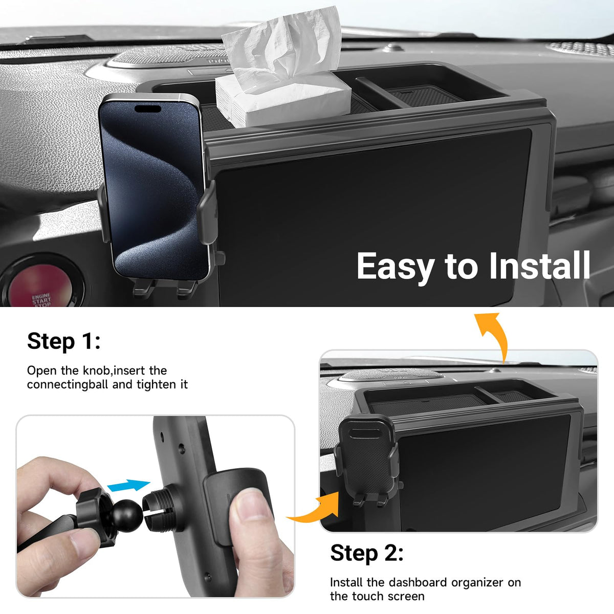 Car Phone Holder with Dashboard Storage Box for Toyota Tacoma 2024 2025 2026 & 4Runner 2025 2026 2027 Accessories (Car Phone Holder with Dash Organizer)