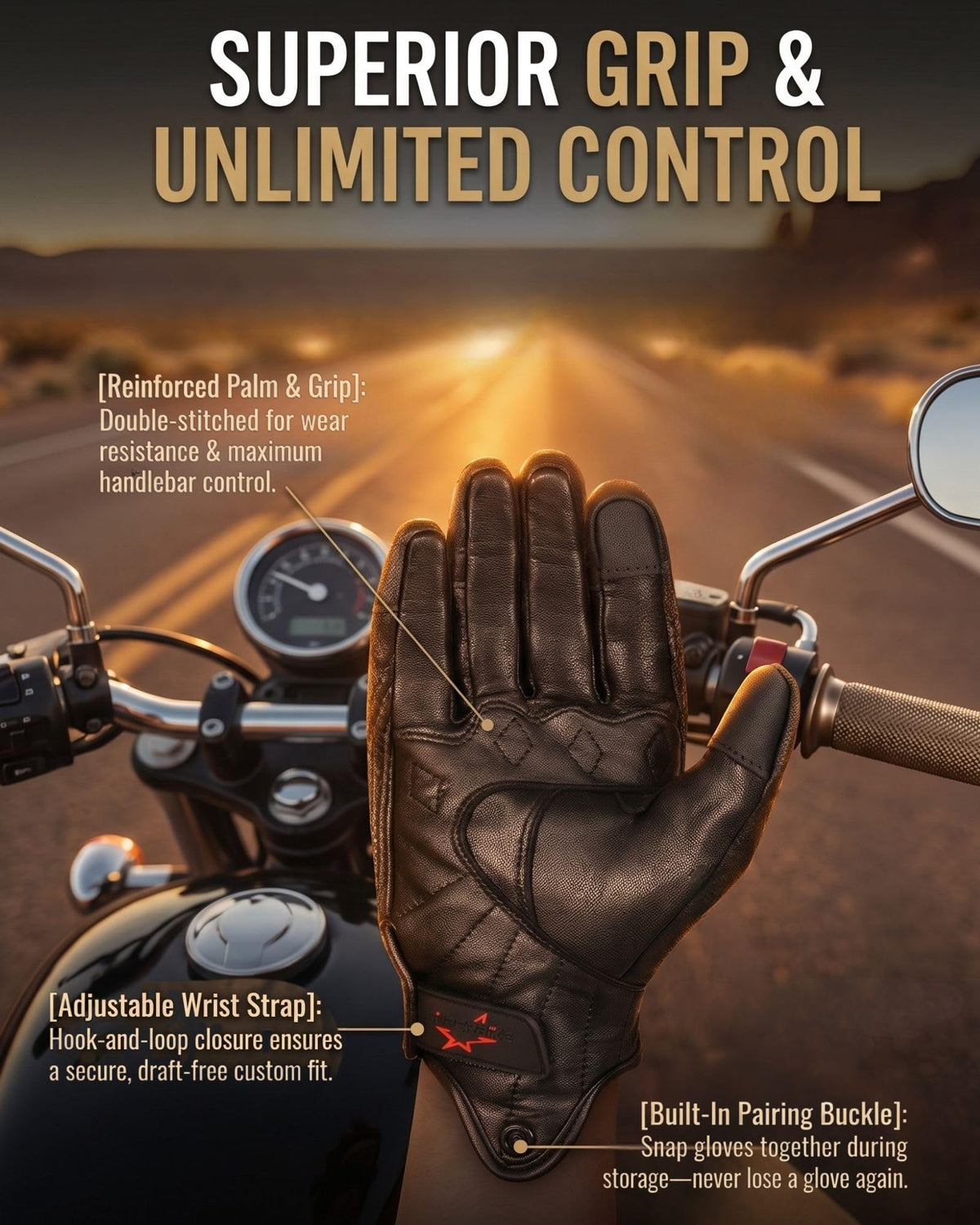 Men's Goatskin Leather Touchscreen Motorcycle Gloves Black (Non-Perforated / Small)