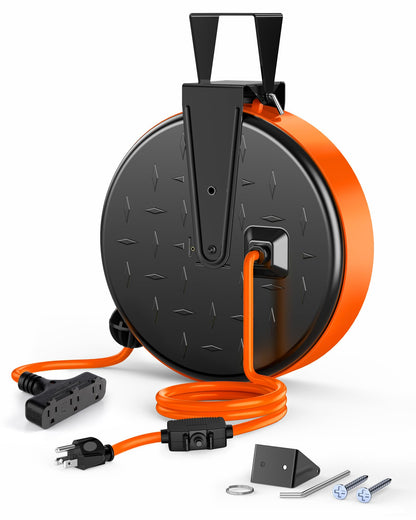 30FT Extension Cord Reel (Black/Orange-orange Cord)