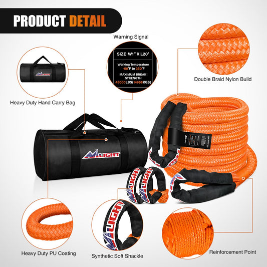 Kinetic Recovery Rope Kit with Soft Shackle Towing Strap (1Pc 1in x 20ft Kinetic Recovery Rope + 2Pcs Soft Shackles)