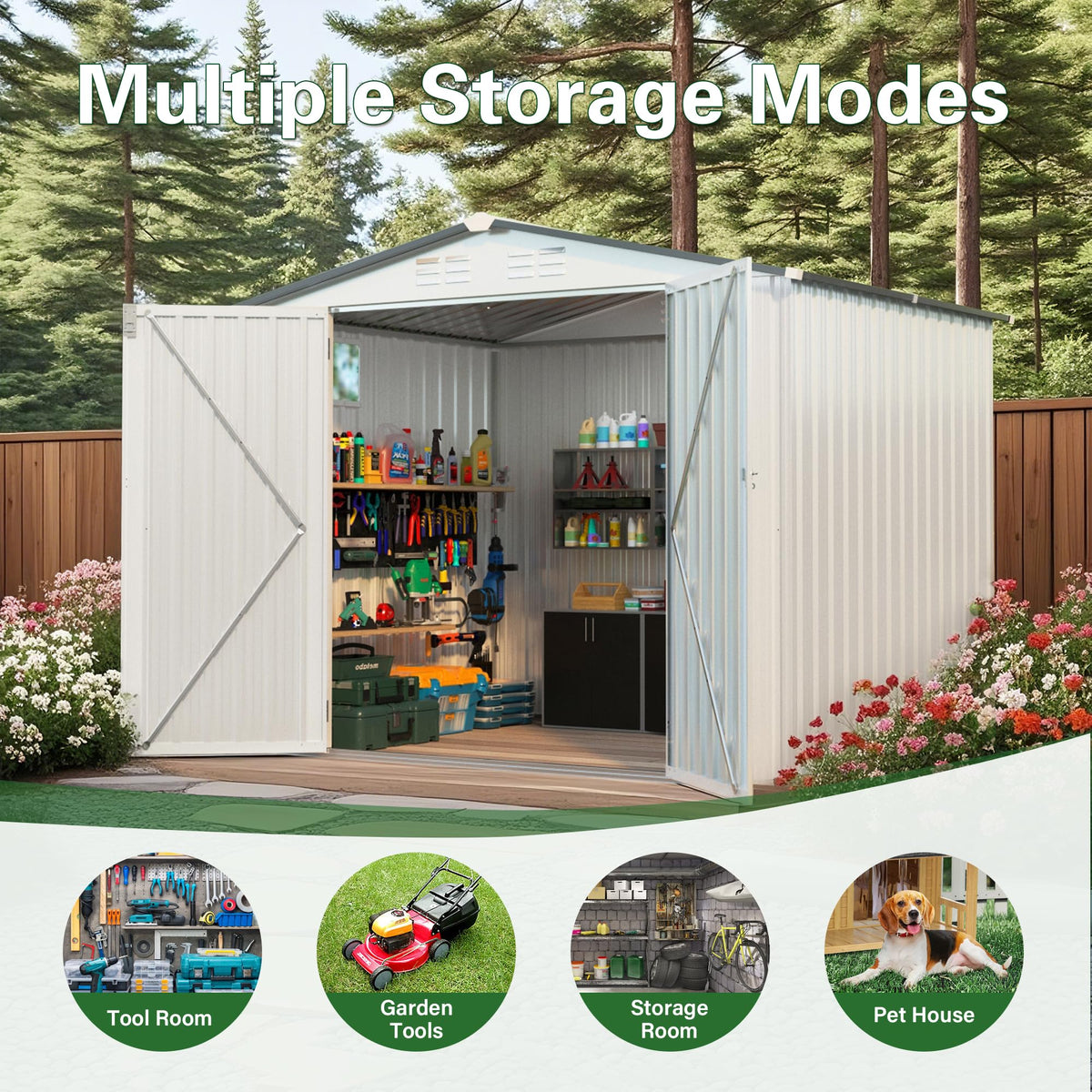 8x6 FT Outdoor Storage Shed with Windows (White+Gray / 8x6 FT)