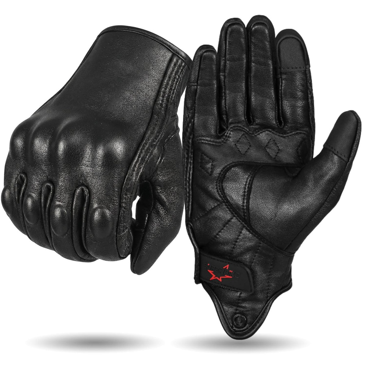 Men's Goatskin Leather Touchscreen Motorcycle Gloves Black (Non-Perforated / Medium)