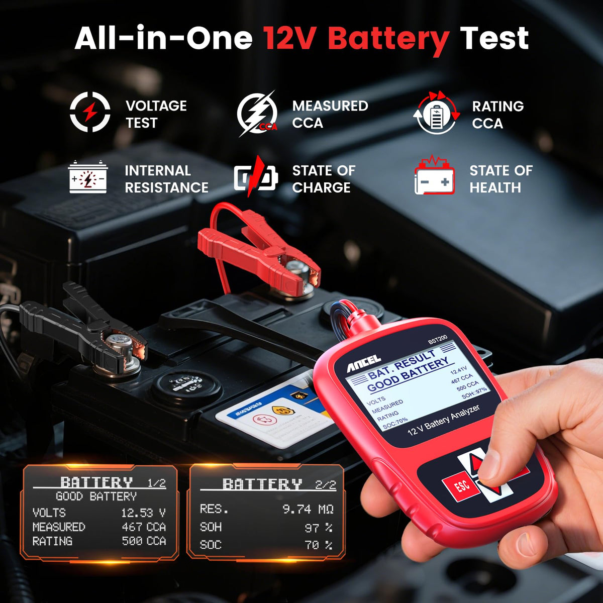 BST200 Car Battery Tester 12V Battery Load Tester (RED)