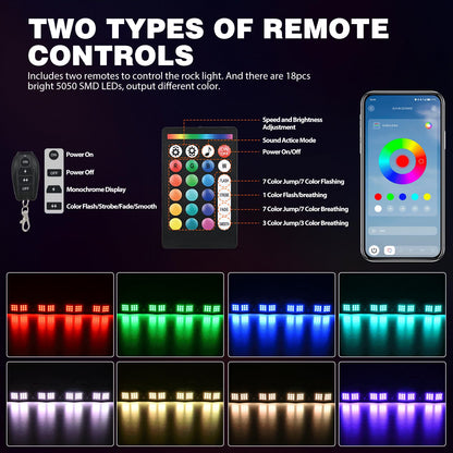 RGB LED Rock Lights Kit 6 PCS 18LED Wide Angle Wheel Well Light (6 Pods 18LED / RGB)