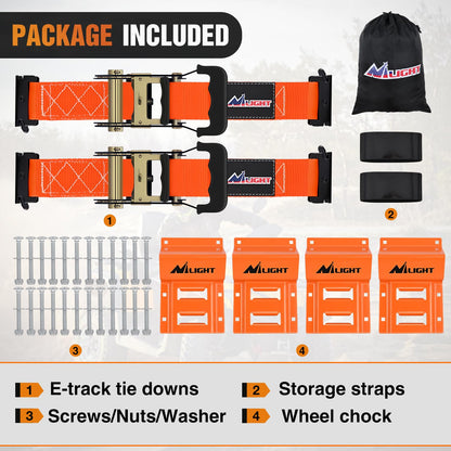 Wheel Chock Tie Down Kit with 2Pcs E Track Ratchet Straps (2Pcs E-Track Ratchet Straps + 4Pcs Wheel Chock)