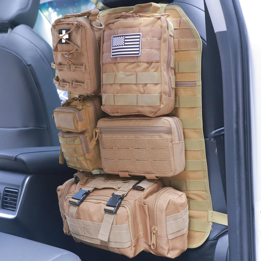 Universal Tactical Seat Back Organizer Vehicle Molle Panel Organizer Storage Bag with 5 Detachable Molle Pouch for All Vehicel Such as Jeep (Upgraded-B-Khaki)