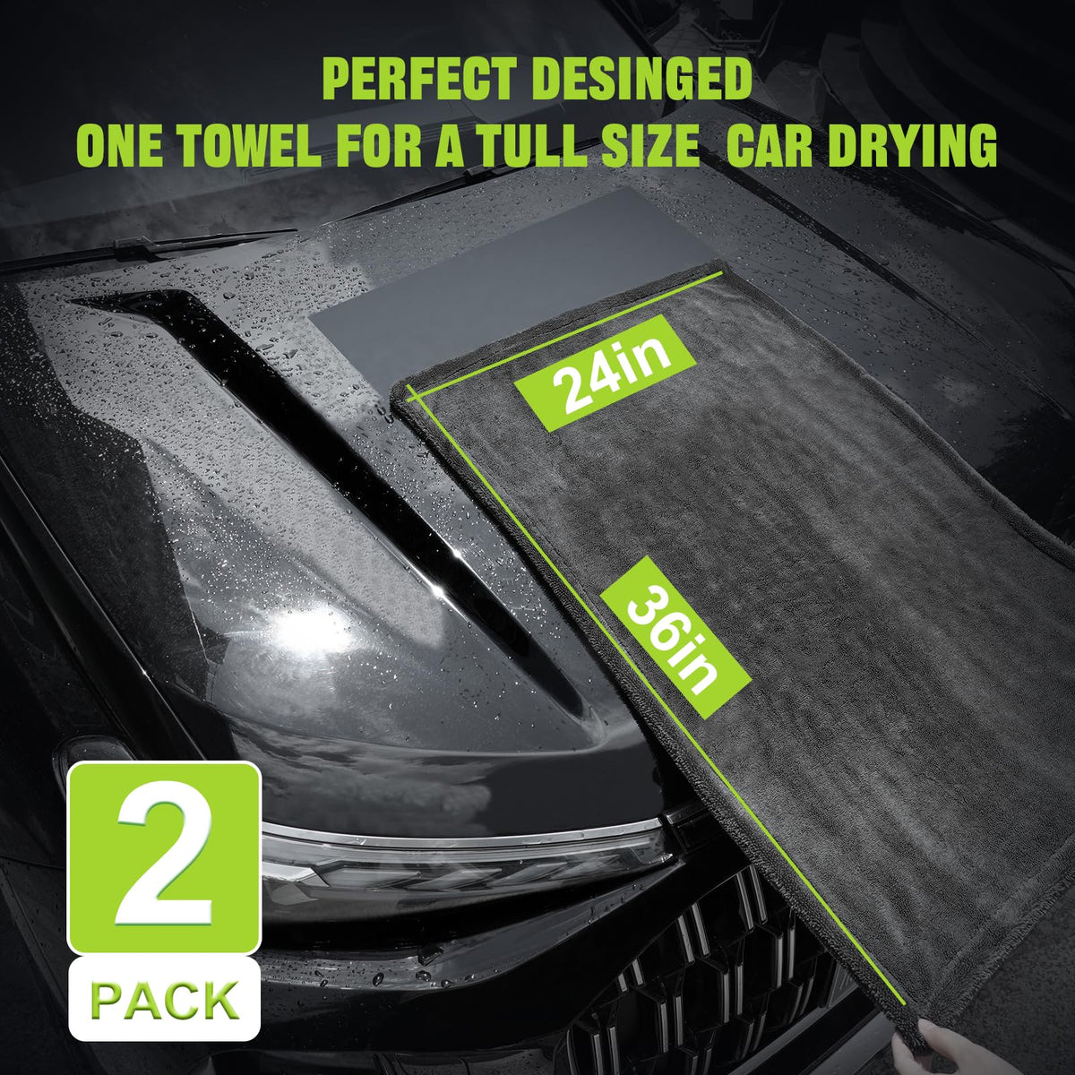2 Pack 1300 GSM Car Drying Towels (Grey / 36" x 24" & 36" x 24")