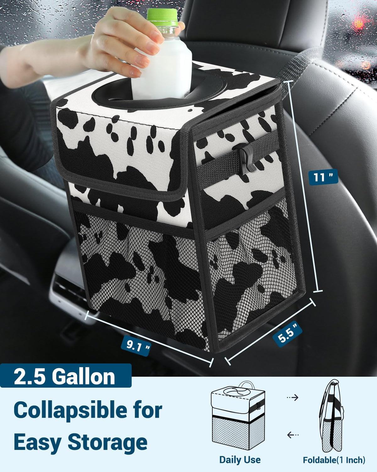 Car Trash Can with Lid (Cow Print / 2.5 Gallons)